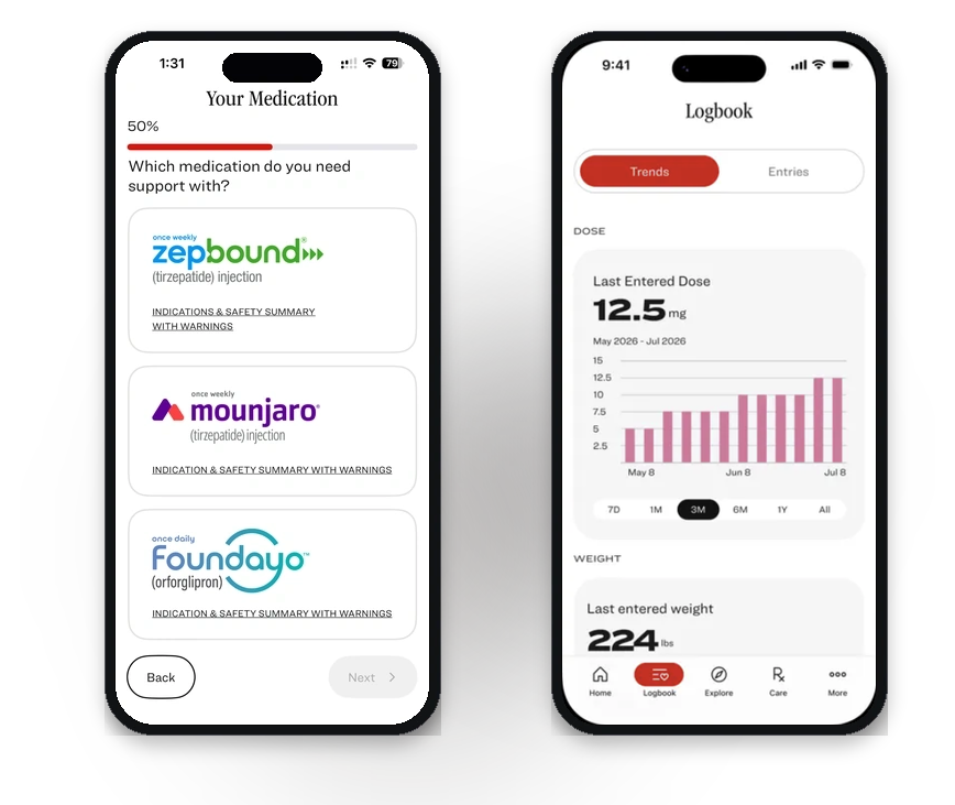 Lilly Health released product screens showing medication onboarding and health data Trends