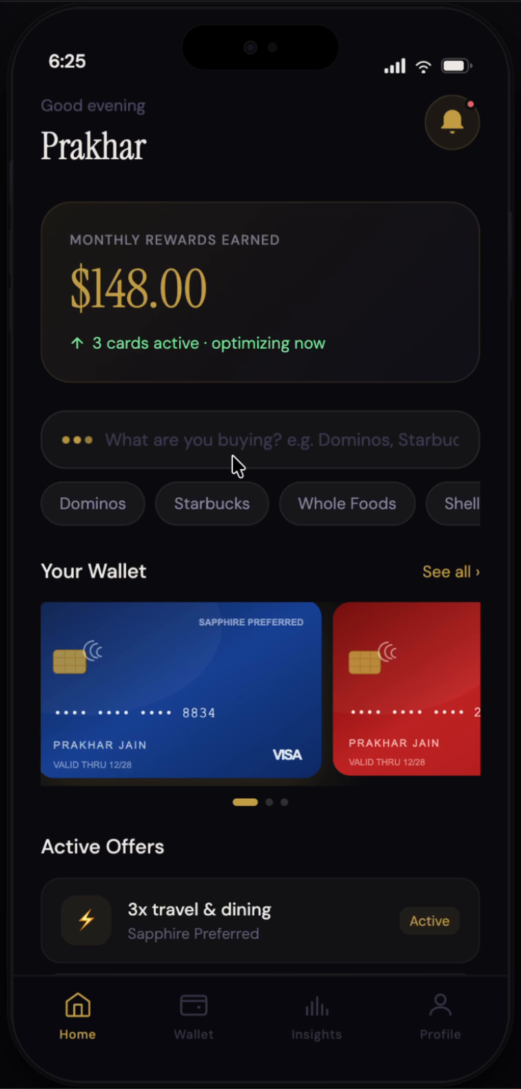 Klariq credit card recommendation interface for a specific merchant